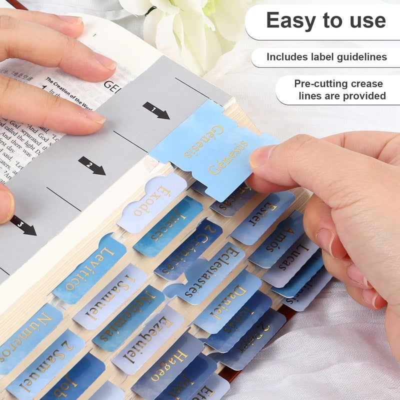 DOMMARE 90 Pieces Spanish Blue Bible Tabs for Men Boys, Pestañas para Biblia En Español, Laminated Large Print Bible Bookmarks, Waterproof Index Tabs Study Supplies, Baptism Christian Gifts for Women Girls - Image 3